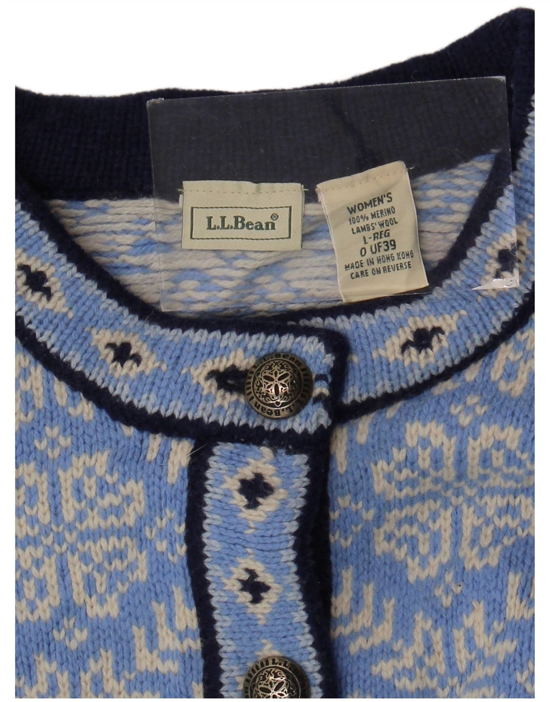 L.L.BEAN Dame cardigan sweater UK 16 Large Blue Fair Isle Merino Wool