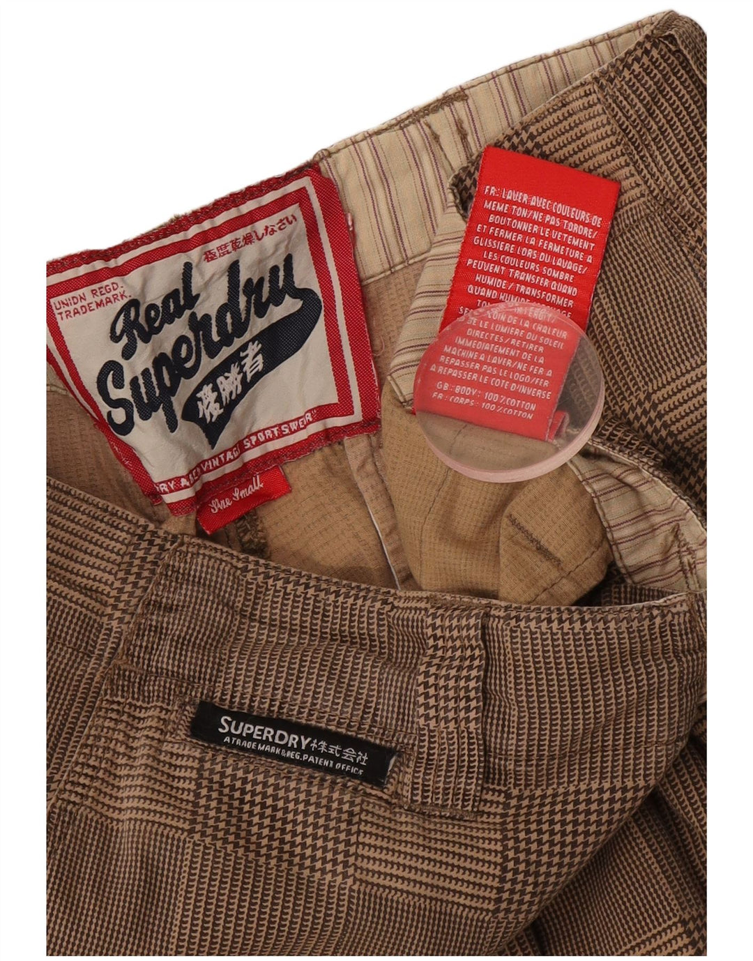 SUPERDRY Herre Cargo Shorts Små W29 Beige ternet bomuld