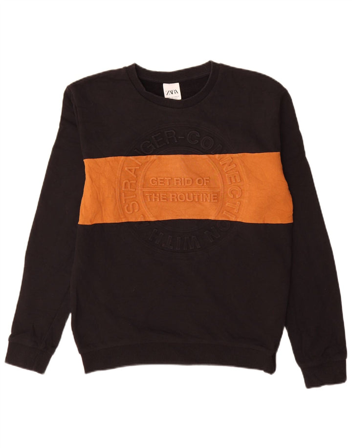 Zara Herre grafisk sweatshirt Jumper Medium Sort Colourblock Bomuld