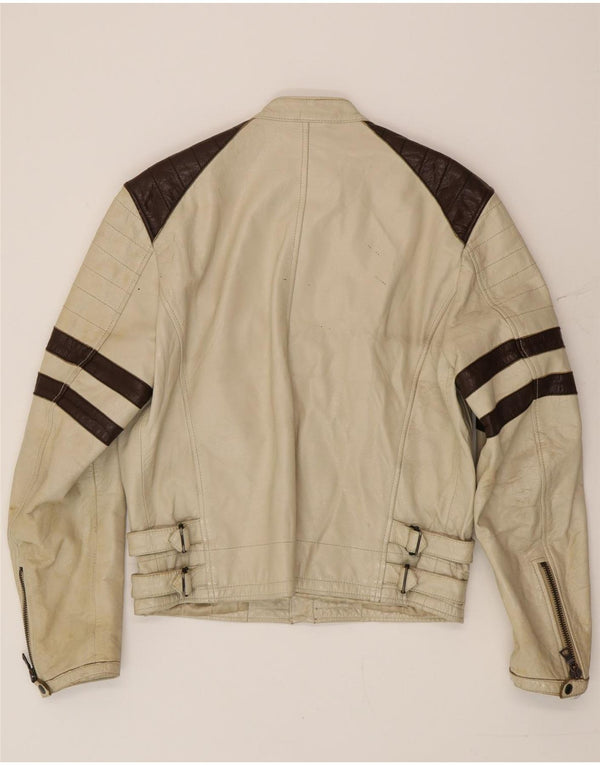 Gas Mens Leather Racer Jacket UK 40 Large Beige Colourblock