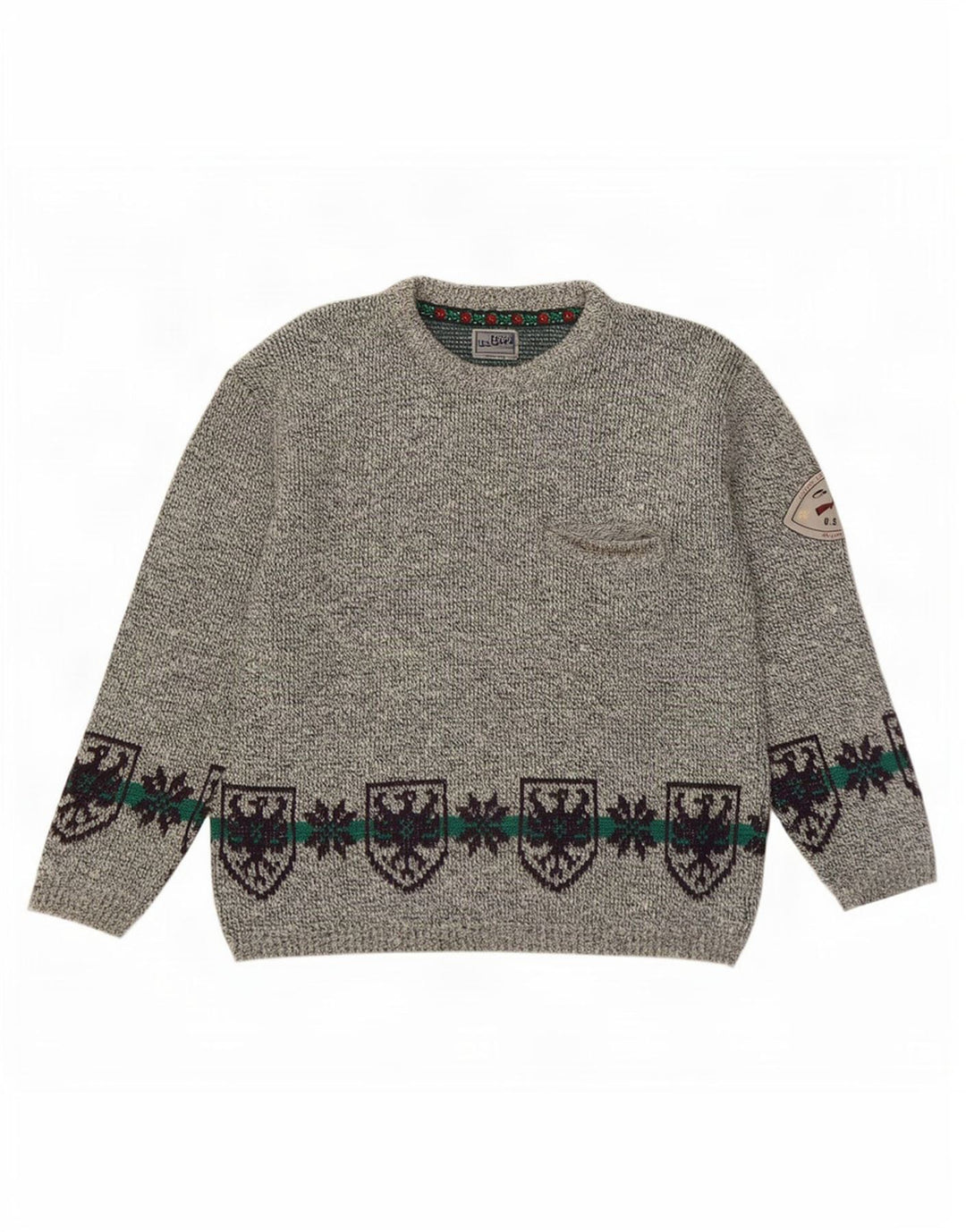 Vintage Herre Crew Neck Jumper Sweater Large Grey Fair Isle Wool