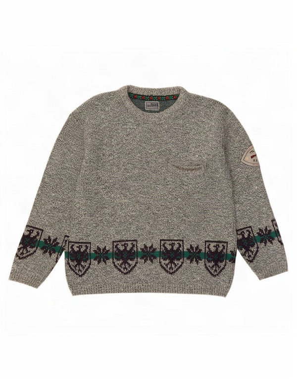 Vintage Herre Crew Neck Jumper Sweater Large Grey Fair Isle Wool