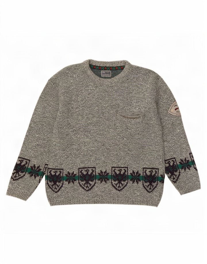 Vintage Herre Crew Neck Jumper Sweater Large Grey Fair Isle Wool