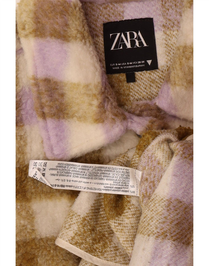 Zara Dame Oversized Fleecejakke UK 10 Small Beige Plaid Polyester