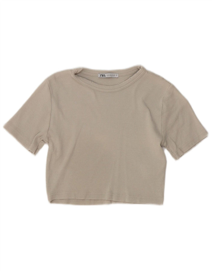 Zara Womens Distressed Crop T-Shirt Top UK 12 Medium Grey Bomuld