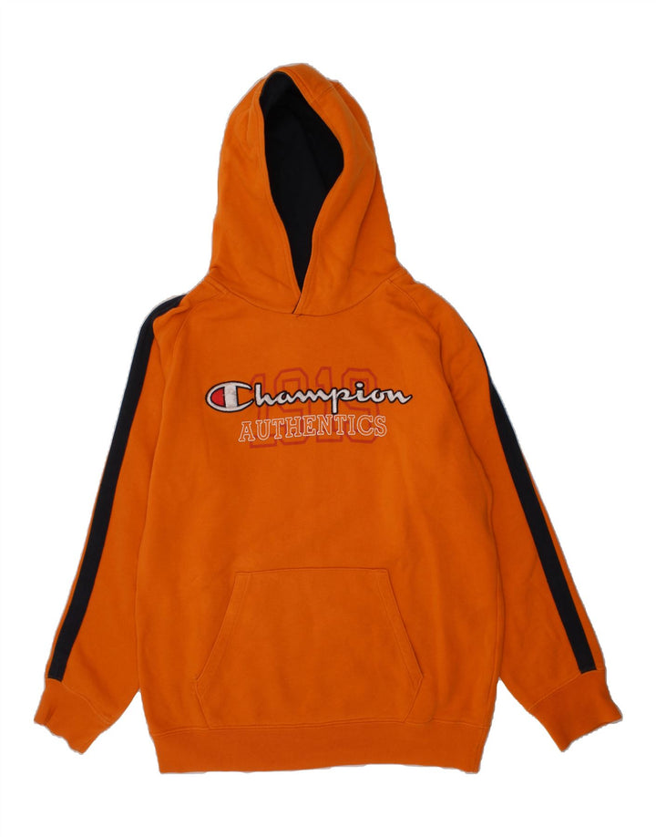 CHAMPION Boys Authentic Hoodie Jumper 9-10 Years Medium Orange Colourblock Vintage Champion and Second-Hand Champion from Messina Hembry 