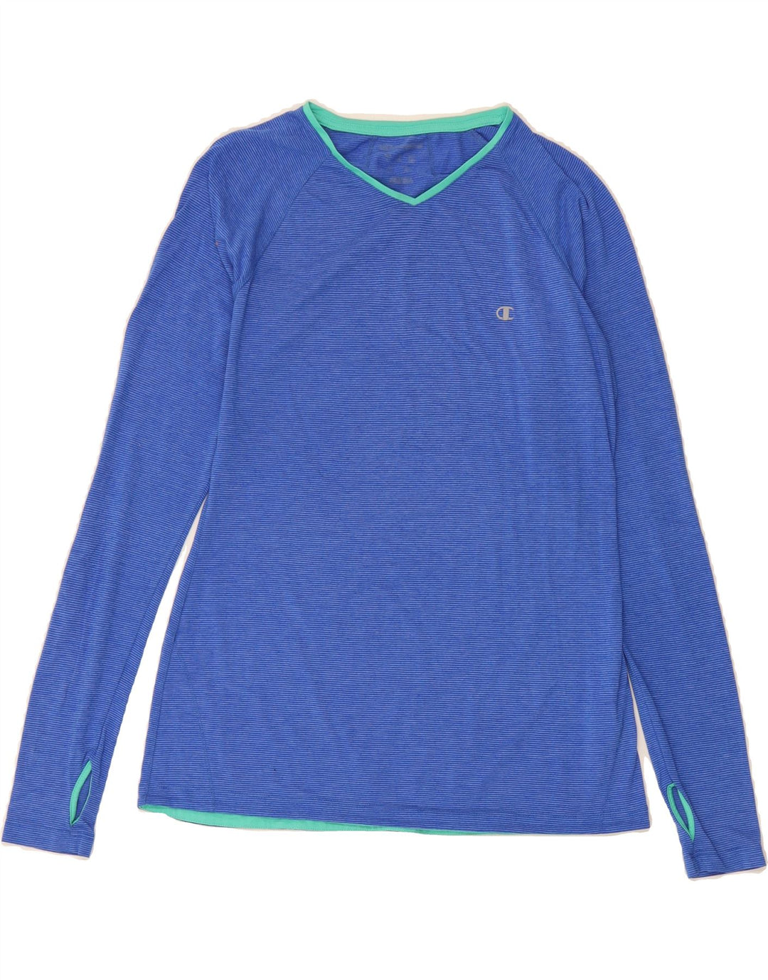 CHAMPION Womens Top Long Sleeve UK 14 Large Blue Pinstripe Polyester Vintage Champion and Second-Hand Champion from Messina Hembry 