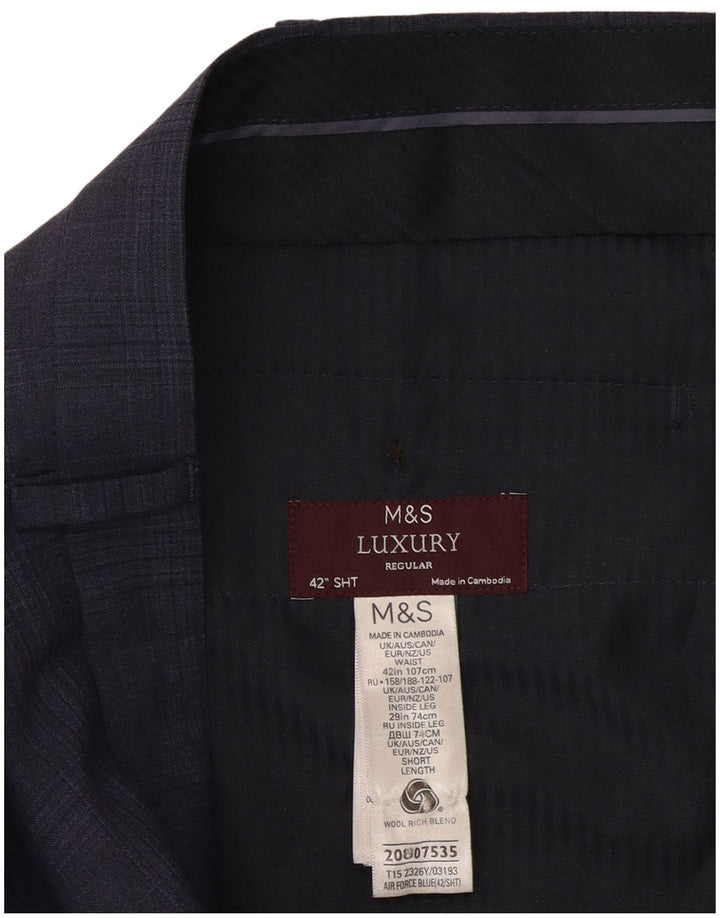 Marks & Spencer Herre Regular Suit Bukser W42 L29 Marineblå ternet uld