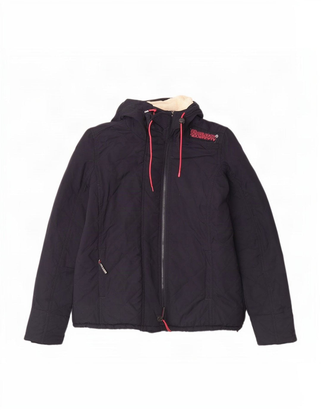 Superdry vindjakke til kvinder med hætte quiltet jakke UK 14 Stor marineblå