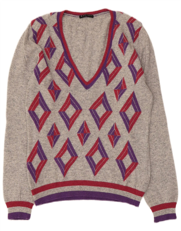 Sisley Dame V-hals sweater UK 10 Small Grey Argyle/Diamond