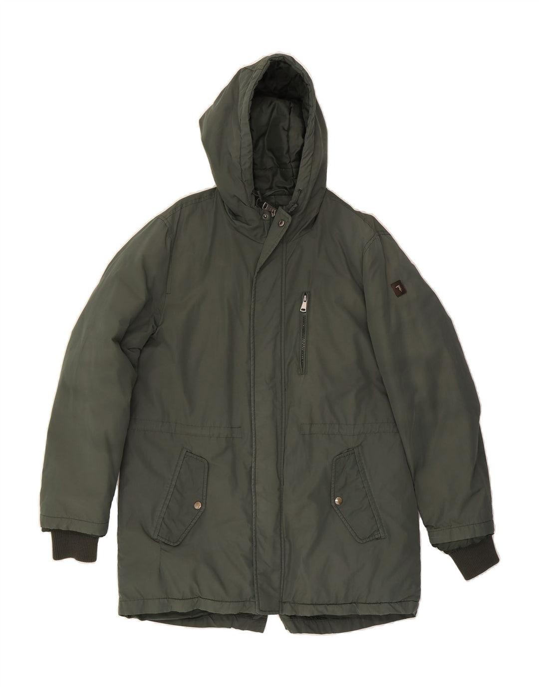 TRUSSARDI JEANS Mens Hooded Padded Jacket IT 46 Small Khaki Cotton Vintage Trussardi Jeans and Second-Hand Trussardi Jeans from Messina Hembry 