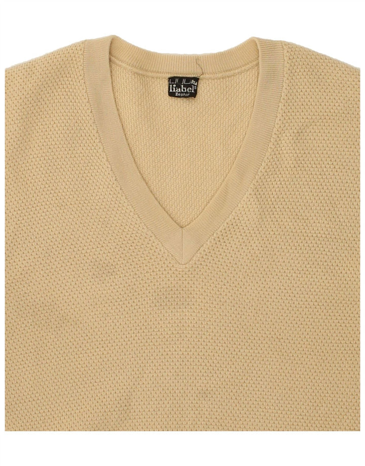 VINTAGE Mens V-Neck Jumper Sweater Medium Beige Acrylic Vintage Vintage and Second-Hand Vintage from Messina Hembry 