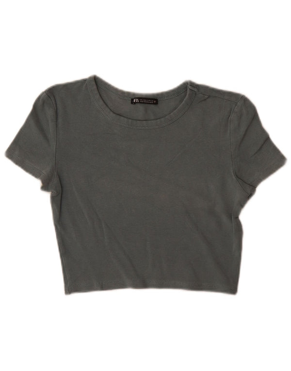 Zara Womens Crop T-Shirt Top UK 8 Lille grøn bomuld