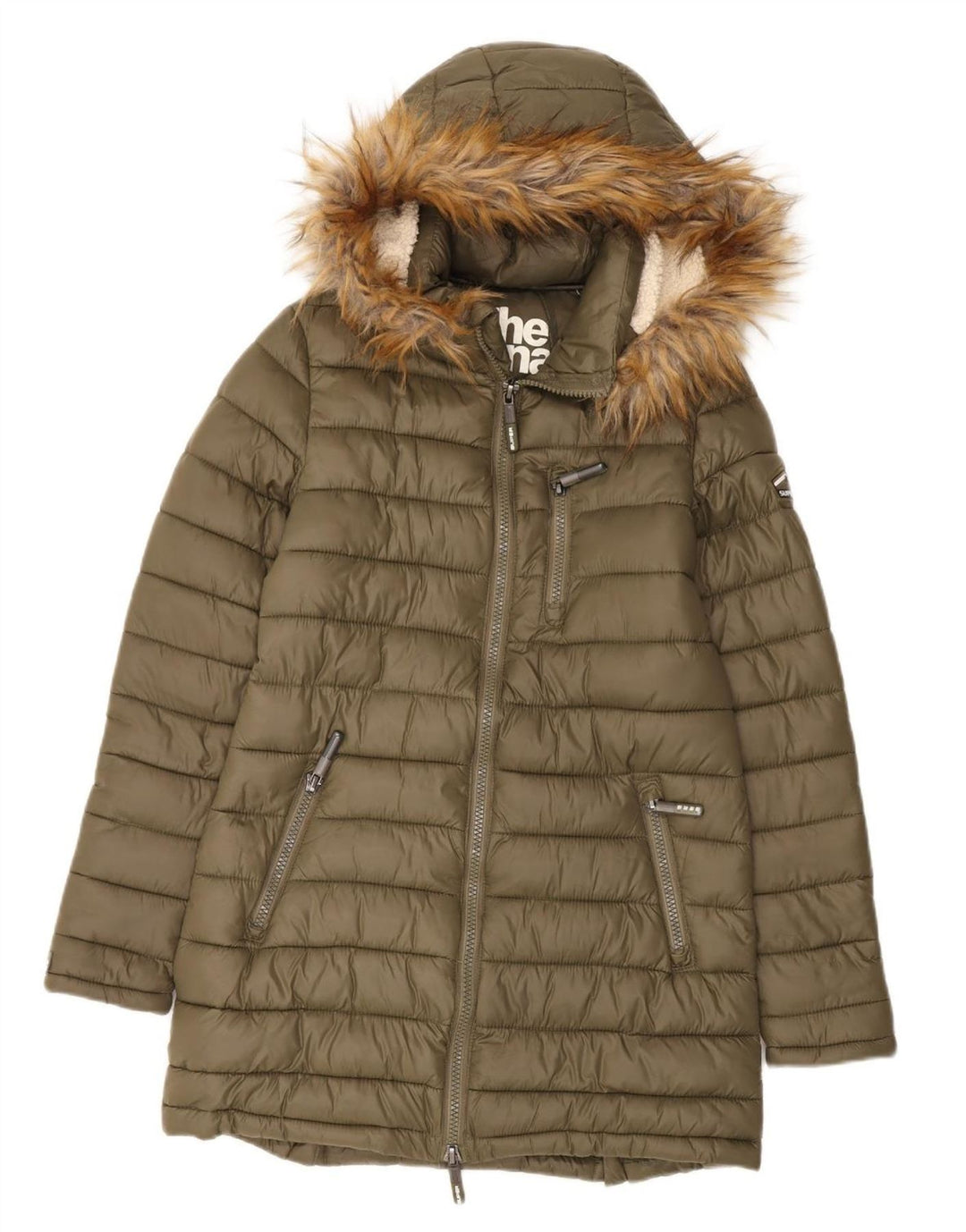 Superdry Polstret frakke med hætte til kvinder UK 14 Medium Khaki Nylon