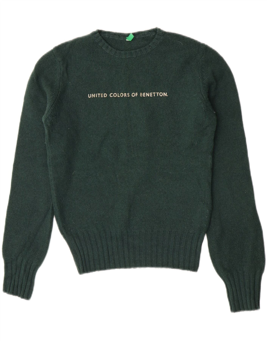 Benetton Womens Crop Graphic Crew Neck Jumper Sweater UK 10 Small Green
