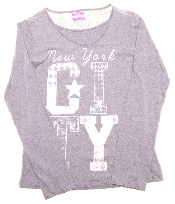 CHAMPION Girls Graphic Top Long Sleeve 11-12 Years Large Grey - Second Hand & Vintage Designer Clothing - Messina Hembry